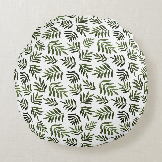 Almofada Redonda Padrão de ramificações verdes de aquarelas (Frente)