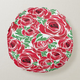 Almofada Redonda Padrão de Rosa de Vintage Elegante - Floral Vermel