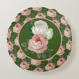 Almofada Redonda Padrão de Rosa Rosa e Branca em Estilo Vintage