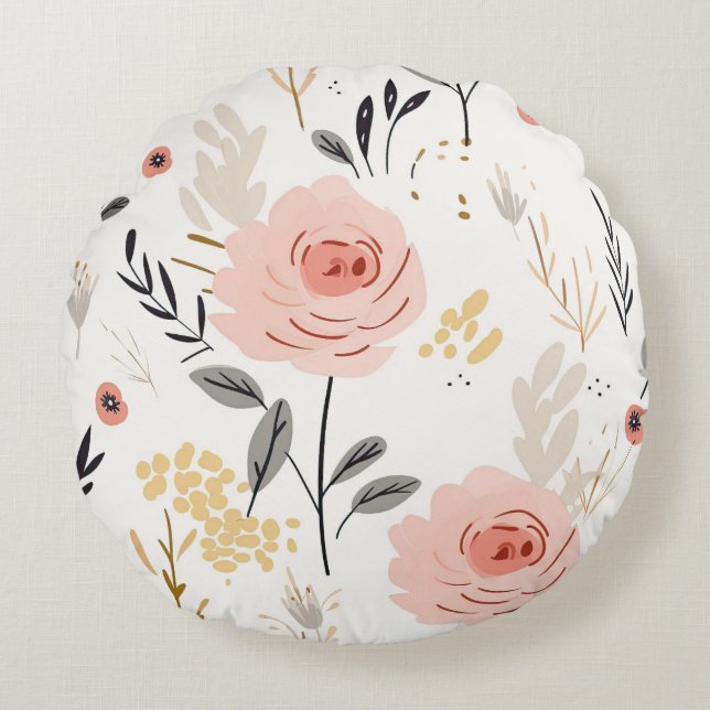 Almofada Redonda Padrão de Rosas de Boho Cute (Frente)