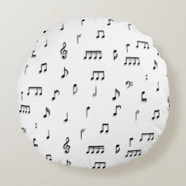 Almofada Redonda Padrão de Símbolo de Notas Musicais Pretas e Branc