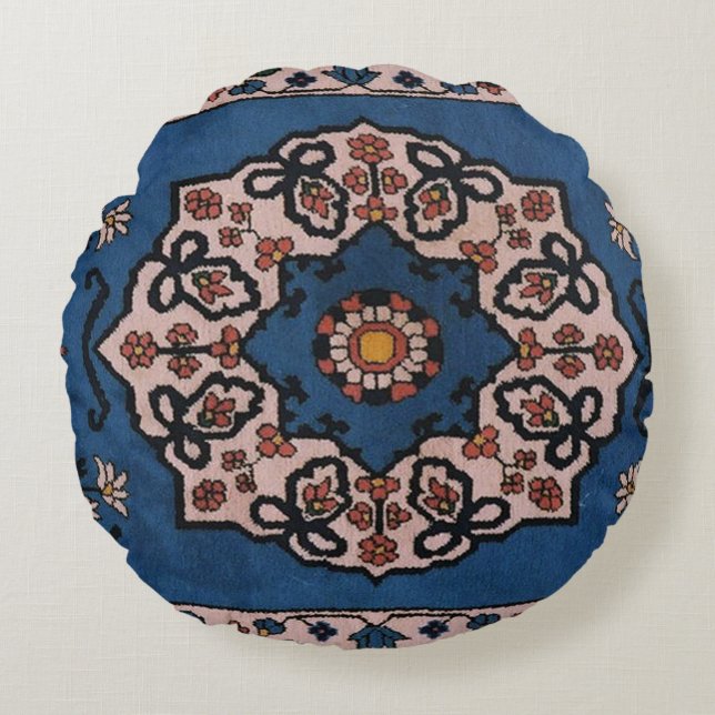 Almofada Redonda Padrão de tapete turco azul antigo persa (Frente)