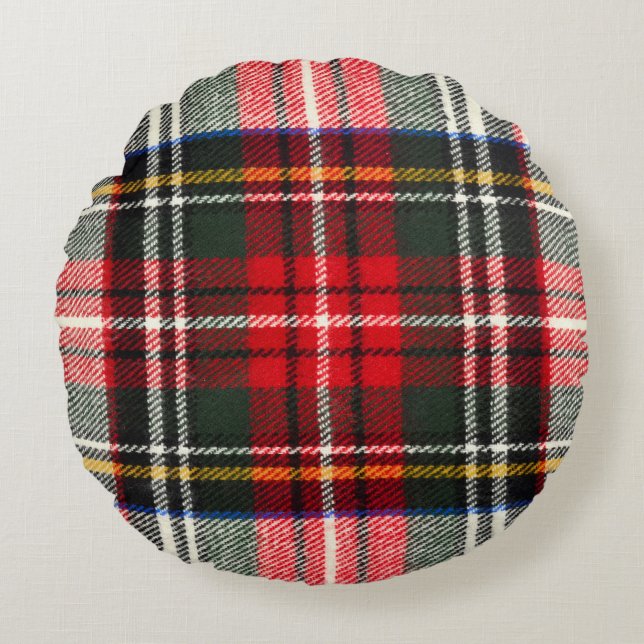 Almofada Redonda Padrão de tartan escocês. Xadrez de lã vermelha e  (Frente)