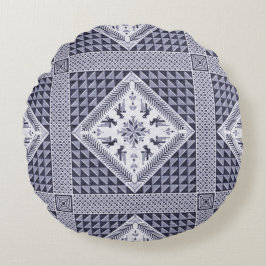 Almofada Redonda Padrão de Tatreez Azul e Branco da Vintage