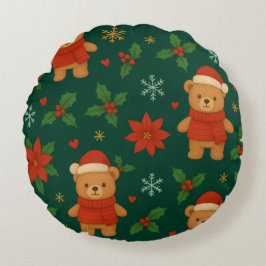 Almofada Redonda Padrão de Urso de Pelúcia de Natal – Festa Verde F