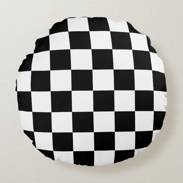 Almofada Redonda Padrão de Verificação Branco Preto (Frente)