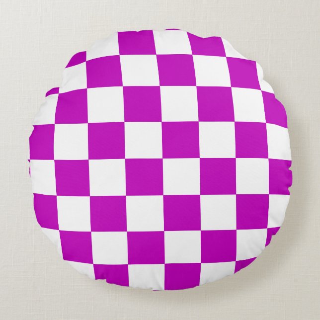Almofada Redonda Padrão de Verificação Branco Roxo (Frente)