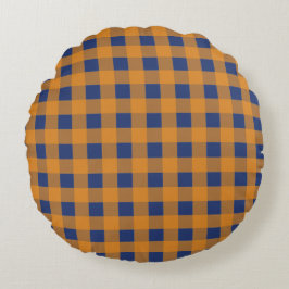 Almofada Redonda Padrão de Xadrez Azul Laranja de outono