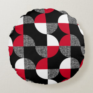Almofada Redonda Padrão de xadrez geométrico preto, vermelho e bran