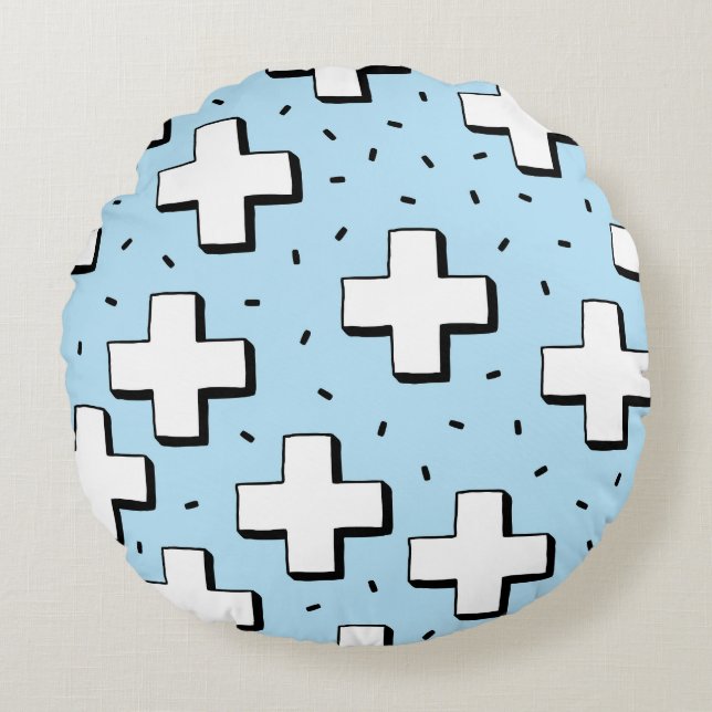 Almofada Redonda Padrão desenhado à mão com sinais de mais. (Frente)