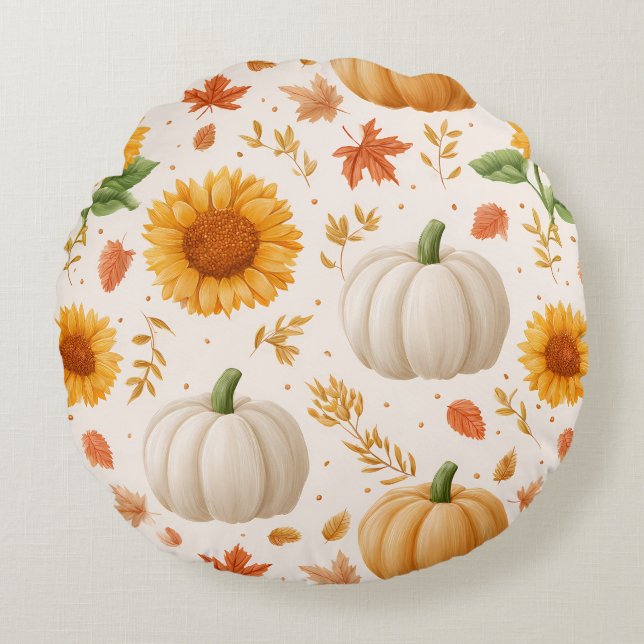 Almofada Redonda Padrão do Autumn Pumpkins & Sunflower (Frente)