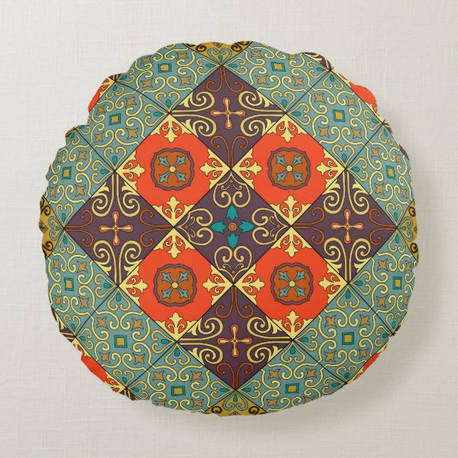 Almofada Redonda Padrão do estilo Talavera dos Azulejos portugueses (Frente)