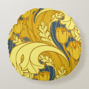 Almofada Redonda Padrão Dourado da Tulipa Azul da Vintage
