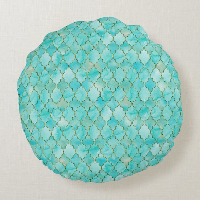 Almofada Redonda Padrão Dourado e Aqua Maroccan