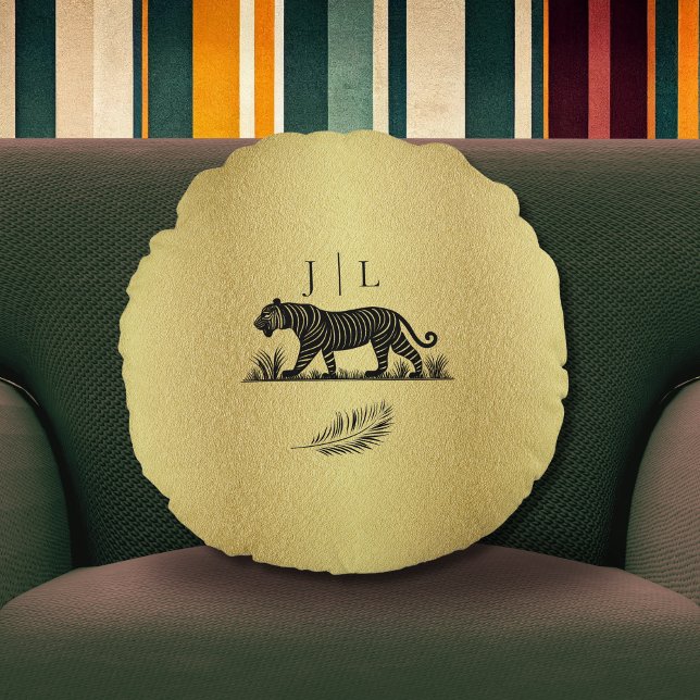 Almofada Redonda Padrão Elegante Monograma Preto Dourado (Criador carregado)