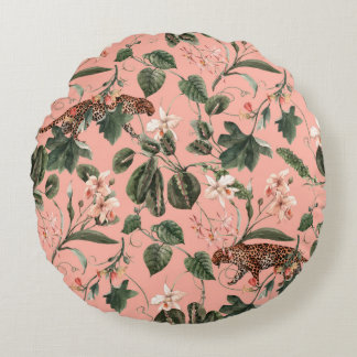 Almofada Redonda Padrão exótico tropical aquarela com orquídea, gr