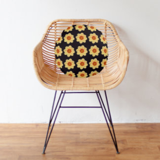 Almofada Redonda Padrão Floral Amarelo Dahlia em Preto