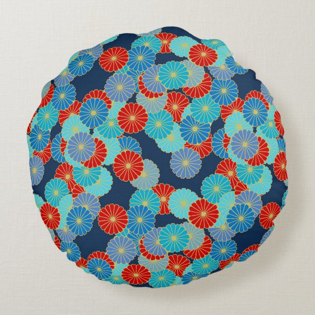 Almofada Redonda Padrão floral Art Deco - azul, turquesa e vermelho (Verso)