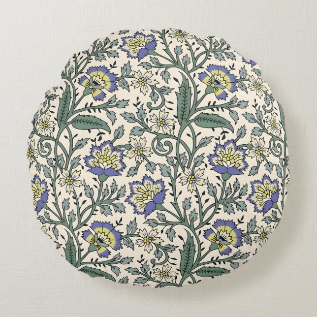 Almofada Redonda Padrão floral azul, amarelo e branco contínuo (Frente)