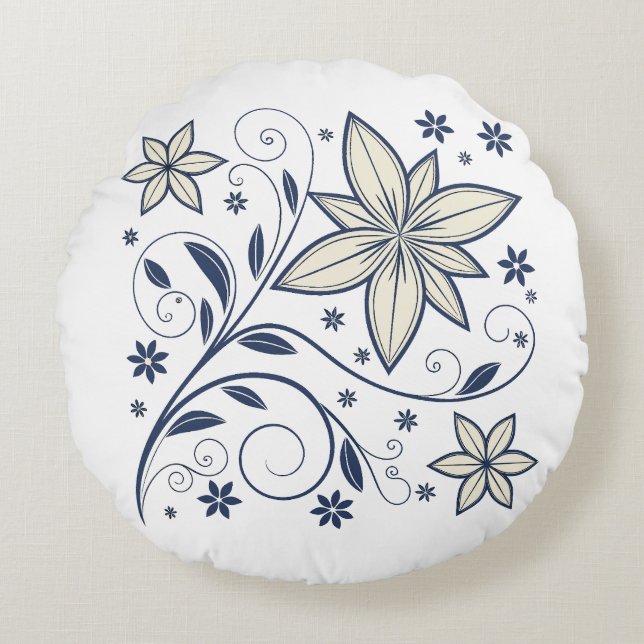 Almofada Redonda Padrão Floral Azul do Marinho Elegante | (Frente)