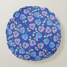 Almofada Redonda Padrão Floral Azul e Roxo