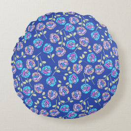 Almofada Redonda Padrão Floral Azul e Roxo