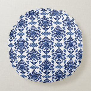 Almofada Redonda Padrão Floral Barroco de Luxo Azul Real e Branco