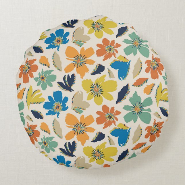 Almofada Redonda Padrão Floral Boho Desenhado à Mão Abstrato (Verso)