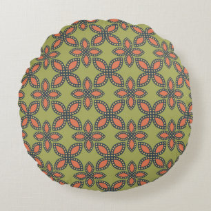 Almofada Redonda Padrão Floral de Abstrato cor verde e laranja retr