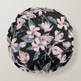 Almofada Redonda Padrão Floral de Aquarela Rosa e Cinza
