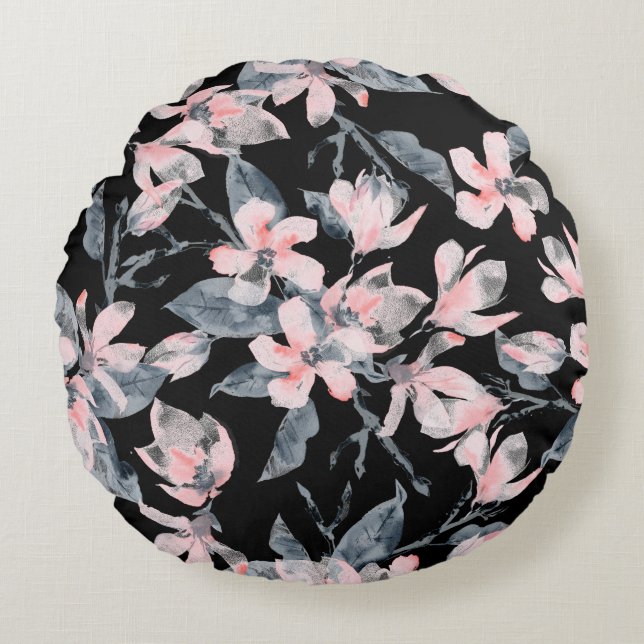 Almofada Redonda Padrão Floral de Aquarela Rosa e Cinza (Frente)