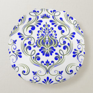 Almofada Redonda Padrão Floral de Damasco Verde e Azul Elegante