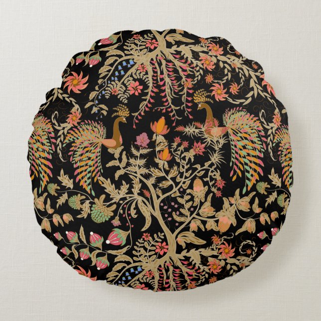 Almofada Redonda Padrão floral de fada chinesa com belos pássaros  (Frente)