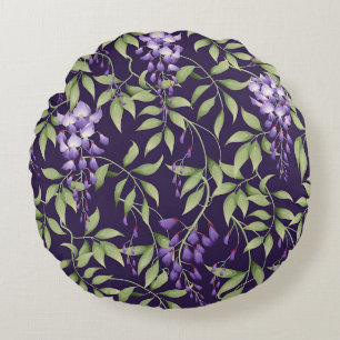 Almofada Redonda Padrão Floral de Folhas Verdes e Wisteria