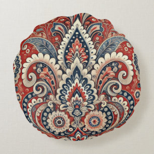 Almofada Redonda Padrão Floral de Paisley Vermelho, Branco e Azul E