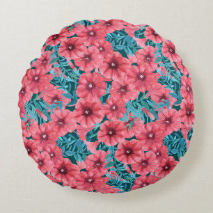 Almofada Redonda Padrão floral de petúnia com aquarela vermelha