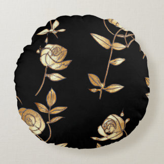 Almofada Redonda Padrão Floral de Rosa preto e Dourado