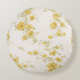 Almofada Redonda Padrão Floral de Rosas Amarelas Vintage Elegante