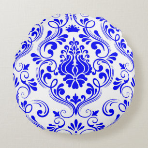 Almofada Redonda Padrão Floral do Damasco Azul e Branco Elegante
