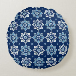 Almofada Redonda Padrão Floral do Mandala Azul Elegante