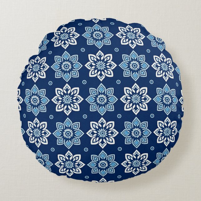 Almofada Redonda Padrão Floral do Mandala Azul Elegante (Frente)