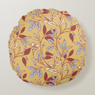 Almofada Redonda Padrão Floral Elegante com Folhas Vermelhas e Azui