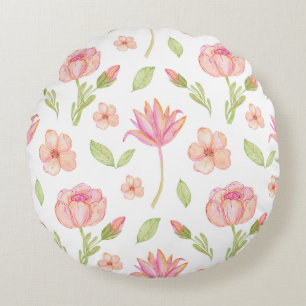 Almofada Redonda Padrão Floral Elegante com Peônias e Lírios Rosa