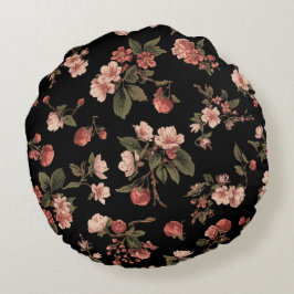 Almofada Redonda ​padrão floral escuro ​flor de cerejeira vintage ​