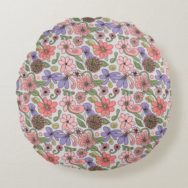 Almofada Redonda Padrão Floral Retro Seamless Boho (Frente)