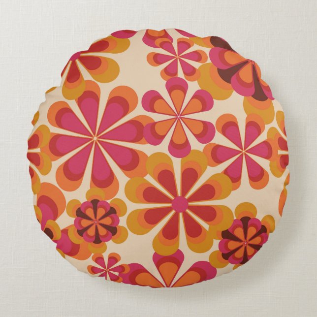 Almofada Redonda Padrão floral retrô sem costura dos anos 70 com da (Frente)