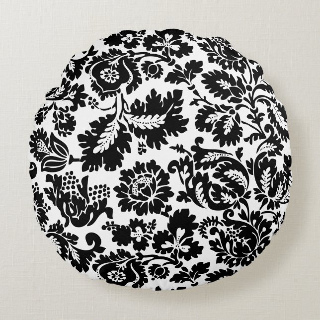 Almofada Redonda Padrão Floral Veneziano Preto e Branco de William  (Frente)