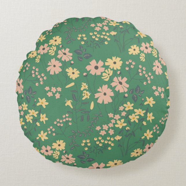 Almofada Redonda Padrão Floral Verde Boho Moderno (Frente)