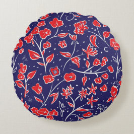 Almofada Redonda Padrão Floral Vermelho e Azul