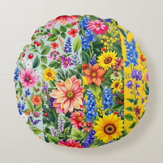 Almofada Redonda Padrão floral vibrante com girassol e dália (Frente)